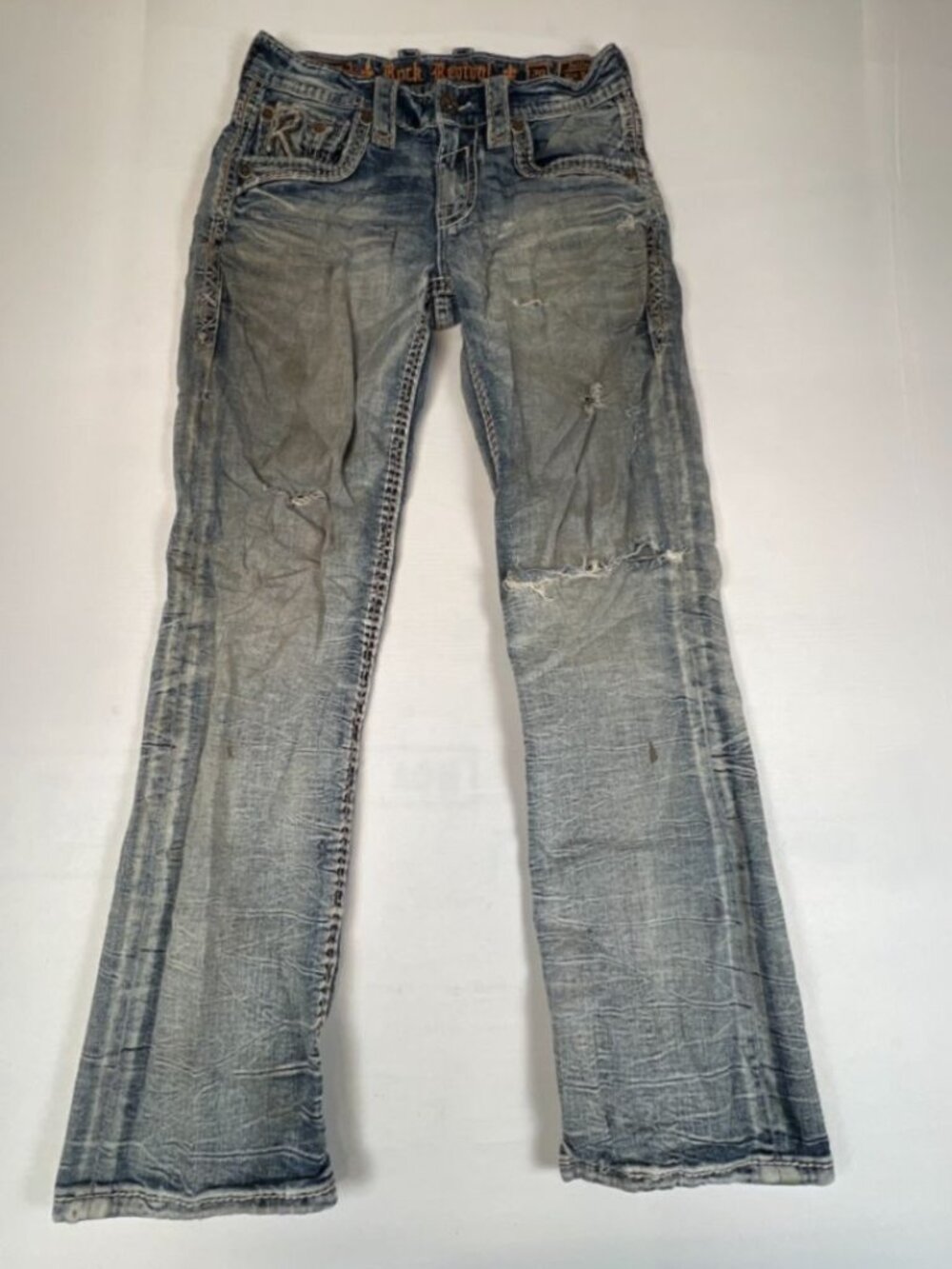Rock Revival Mens Jeans 30 Slim Bootcut Distressed Blue Denim Embellished